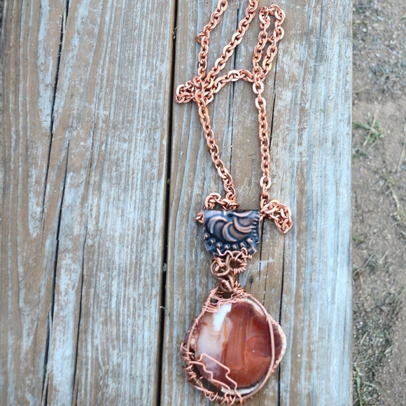 Gigantic Carnelian Pendant Solid Copper Necklace - Picture 4 of 8